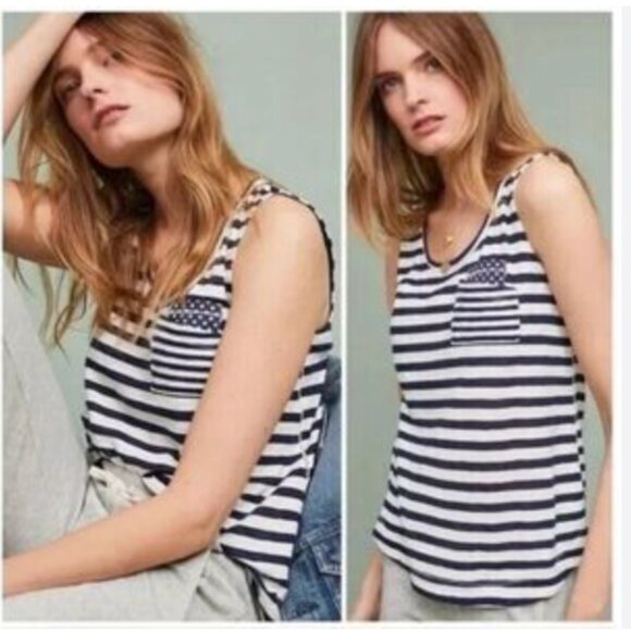Anthropologie Tank Top Sleeveless Shirt Cotton Striped Polka Dot White S Small - Picture 1 of 9